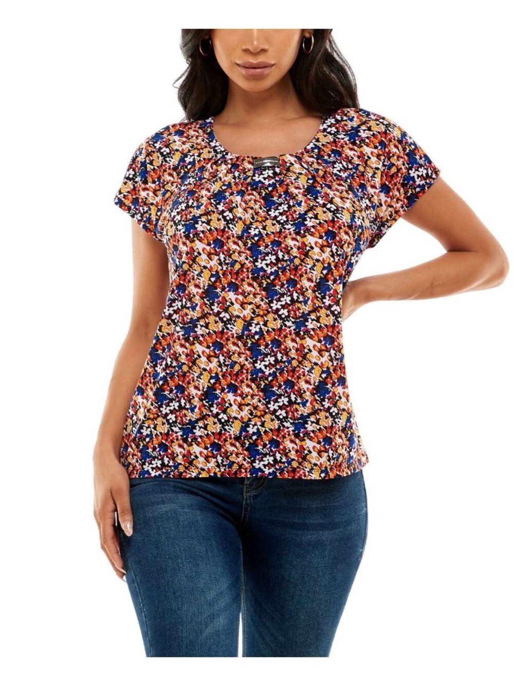 NWT Adrienne Vittadini Floral Top with Pleat Detail Action Floral Red Multi S
